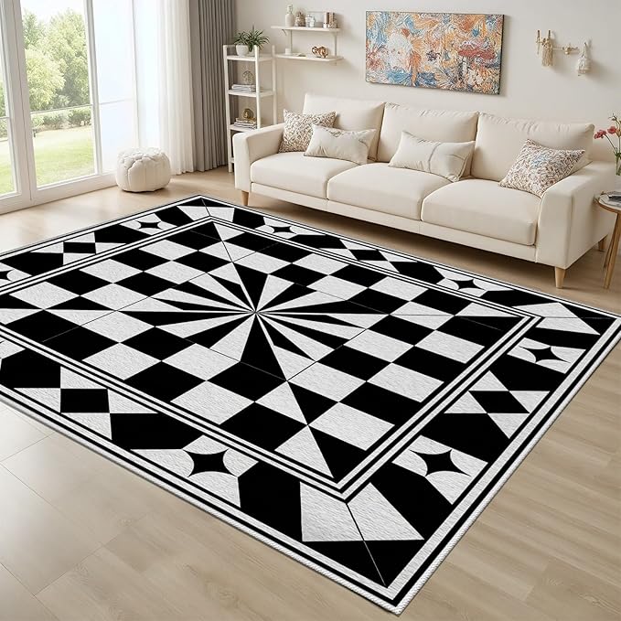 Black and White Checkered Rug, Checkered Rug, Modern Geometric Pattern Carpet, Retro Machine Washable Non Slip Area Rugs, Contemporary Rugs for Living Room/Bedroom 4x5