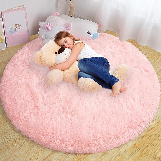 Round Fluffy Rugs 8Ft for Girls Bedroom, Pink Shag Circle Kids Rug Non-Slip for Bedside Dorm Nursery Playroom, Soft Cute Area Rugs for Living Room Decor