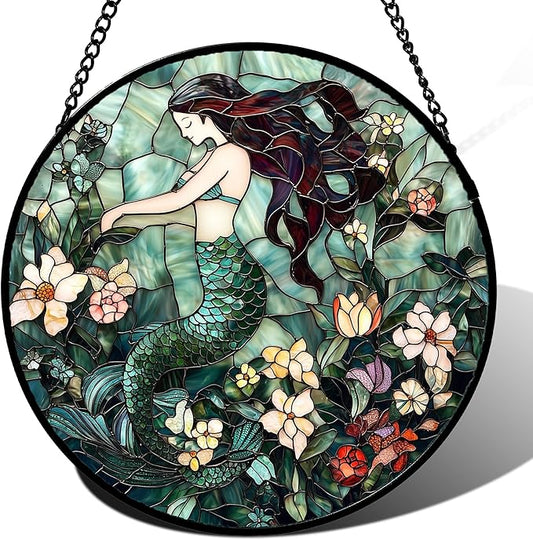 Stained Glass Window Hanging - Teal Sleeping Mermaid Suncatcher for Door Terrace Garden Home Decor, Sea of Flowers Sun Catcher Birthday Gifts for Lovers Women Men Dad Mom Nana 6.3 in