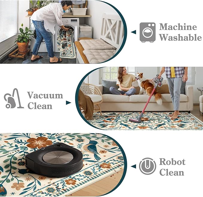 Moynesa 3x5 Entryway Rug Indoor, Modern Bohemian Washable Non-Slip Low Pile Area Rug for Kitchen Bedroom Entry,Lightweight Foldable Farmhouse Floral Bird Print Pattern Carpet Retro Home Decor