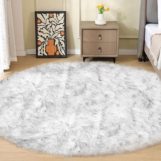 White and Grey Shaggy Round Rugs 6.6ft Large Circle Washable Faux Sheepskin Furry Fur Rugs for Bedroom Living Room Nursery Rug Home Décor