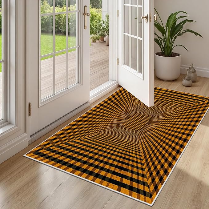 3D Rugs Optical Illusion - Plaid Rug 7x10, Geometric Stripes Soft Neutral Indoor Floor Mats Carpet, Non-Slip Stain Resistant Modern Orange Rug for Bedroom, Living Room Rugs