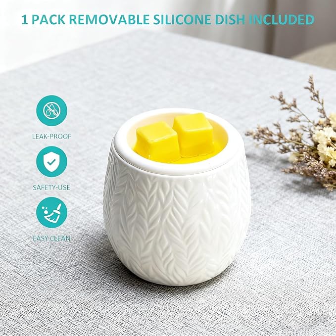 Wax Melt Warmer Ceramic Burner for Scented Cubes Electric Oil Burner Melter with Silicone Dish Fragrance Warmer for Home Office Bedroom White Leaf