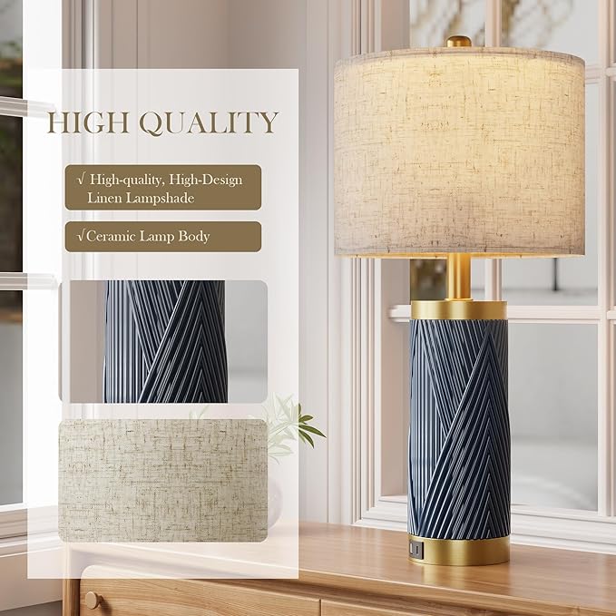 24.5" Modern Ceramic Table Lamp Set of 2 for Living Room, Table Lamps with USB Ports for Bedroom Set of 2， Farmhouse Bedside Nightstand Bedside Lamp End Table Lamps Blue