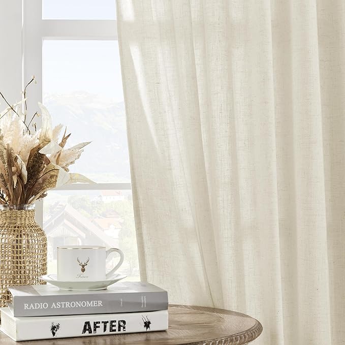 Joydeco Linen Curtains 2 Panel Set, Ivory on Linen Curtains 108 Inch Light Filtering Drapes for Living Room, 100 Inches Wide Drapes with Rod Pocket Back Tab(108" L x 100" W)
