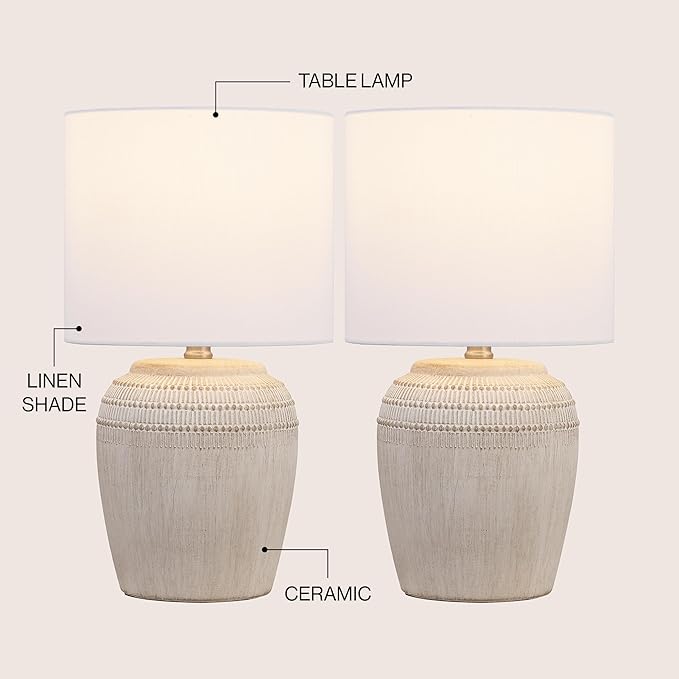 JONATHAN Y JYL5707B-SET2 16.75" Antique White Rustic Reeded Ceramic Table Lamp Set of 2 for Living Room, Traditional Farmhouse Bedside Nightstand Lamps with White Linen Shade, LED Bulbs Included