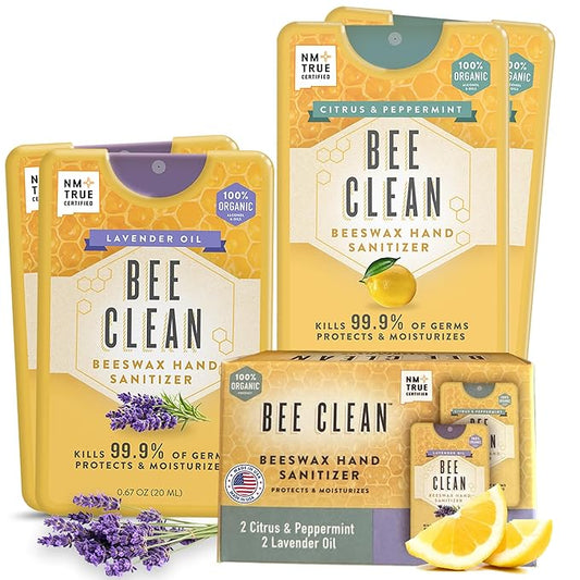 Organic Beeswax Hand Sanitizer Spray - 4-Pack (2 Lavender + 2 Citrus Peppermint), Travel Size Mist Spray with Organic Ethyl Alcohol, Moisturizing with Essential Oils, Non-Toxic, Made in USA