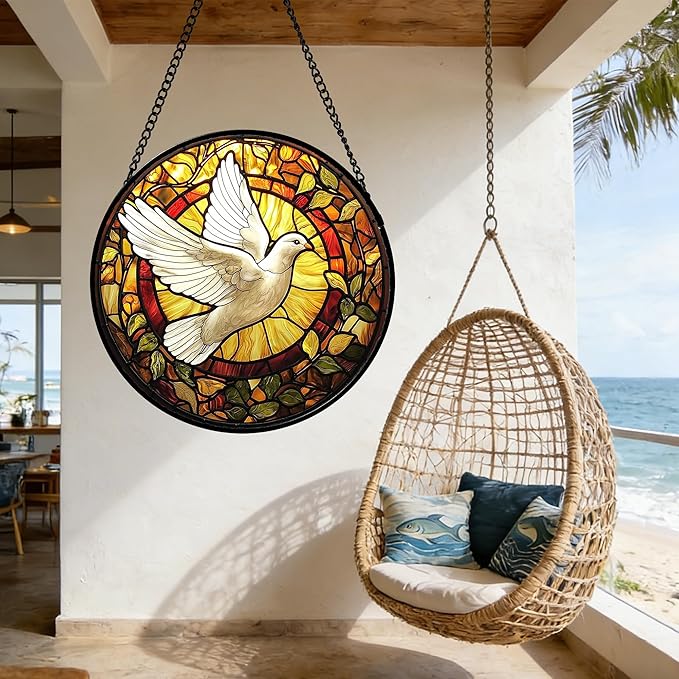 DASTOLL Stained Glass Window Hanging, Flying White Dove Sun Catchers Diamond Glass Panel Hangings Cute Birds Suncatcher Decor for Birthday for Women, Men, Wife, Aunt, and Mom 6.3 in