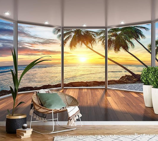 AFZEVEB-3D Landscape Wallpaper seafront verandahs Wall murals for Bedroom 136"x96"(Not Peel and Stick)