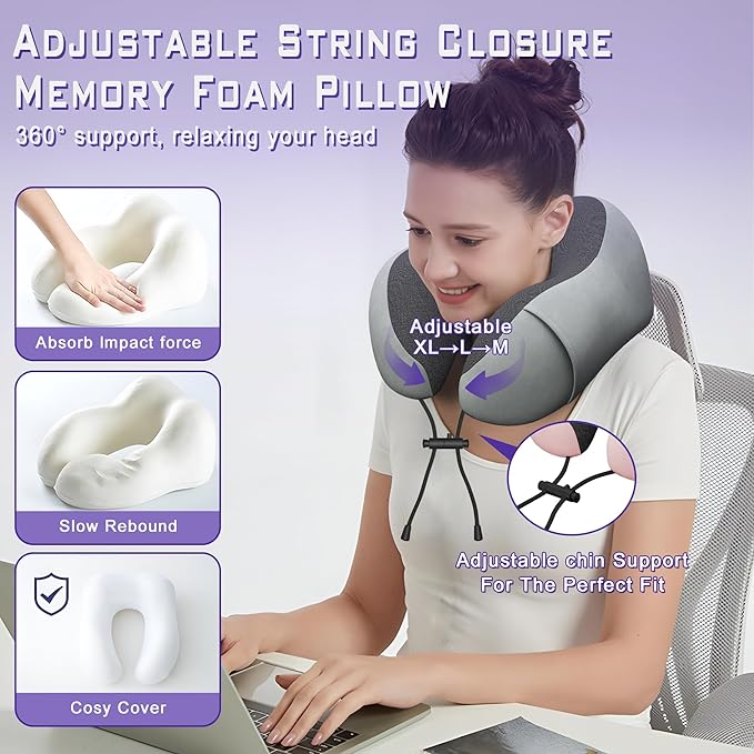 Neck Travel Pillow, Upgraded Memory Foam Pillow for Airplane, Machine Washable, Adjustable Flight Pillow, Suitable for Sleeping Airplane, Car, Office and Home (Grey)