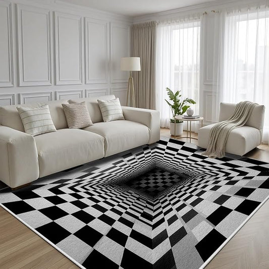 Optical Illusion Rug - Black and White Rug for Living Room, Soft Ultra Soft Faux Wool 4x6 Area Rugs Floor Mats, Non Slip&Non-Shedding Low Pile Checkered Washable Rugs, Abstract Geometric Carpet