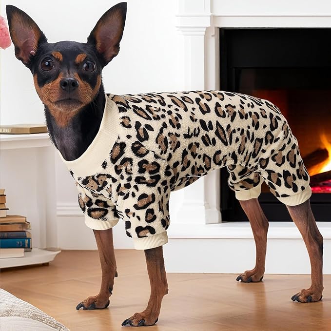 XPUDAC Fleece Dog Pajamas Leopard Dog Sweaters Winter Puppy Clothes for Small Medium Dogs Boy Girl Pet Jumpsuits Doggie Outfits for Christmas, 226-2XL