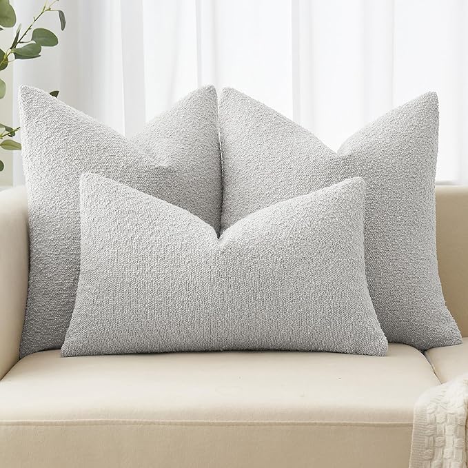 MIULEE 22x22 Inch Decorative Euro Sham Throw Pillows for Bed Set of 2 Textured Boucle Neutral Winter Throw Pillow Covers Light Grey Accent Solid Euro Couch Pillowcases Sofa Livingroom Home Decor