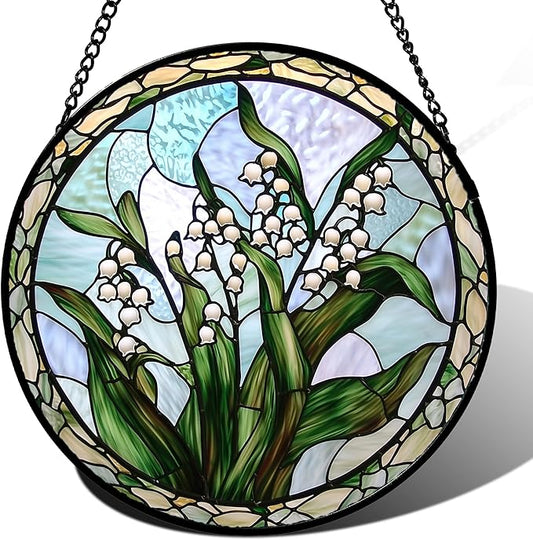 Stained Glass Window Hanging, White Green Lily of The Walley Flowers Sun Catcher for Door Home Decor Plants Suncatcher Christmas Mother's Day Birthday Gifts for Women Men Mom Nana 7.8 in