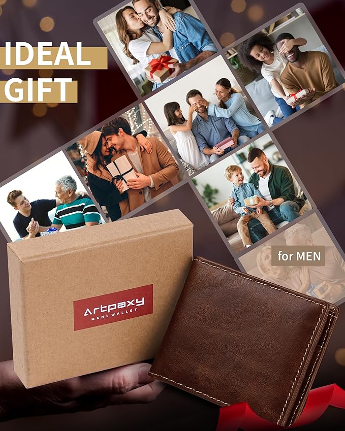 Artpaxy Mens Wallet Genuine Leather Bifold RFID Blocking Wallet for Men with 2 ID Windows 12 Card Holders 2 cash pockets 1 Gift Box