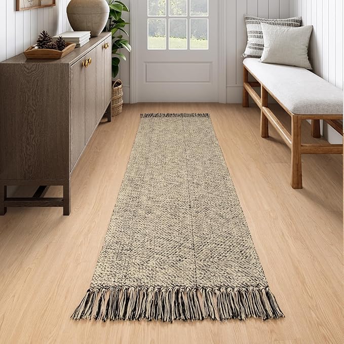 Collive Long Hallway Runners Rug 2.6x7, Farmhouse Washable Kitchen Runner Rug for Bedroom, Natural/Black Braided Woven Entryway Rug Low-Profile Front Door Floor Carpet for Laundry Bathroom Living Room