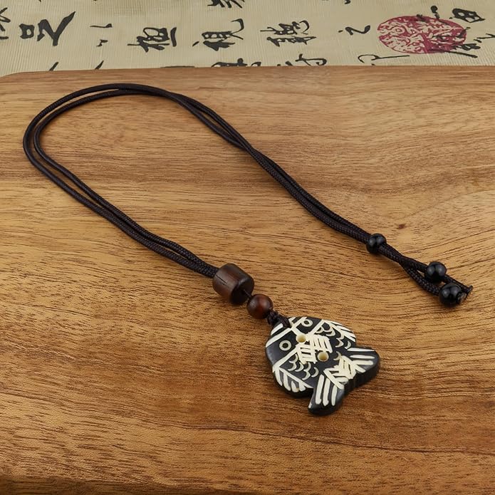 Handmade Black Bull Bone Pendant Necklace, Traditional Tribal Design, Wooden Beads, Adjustable Braided Rope, 24 Inch, Surfer Style