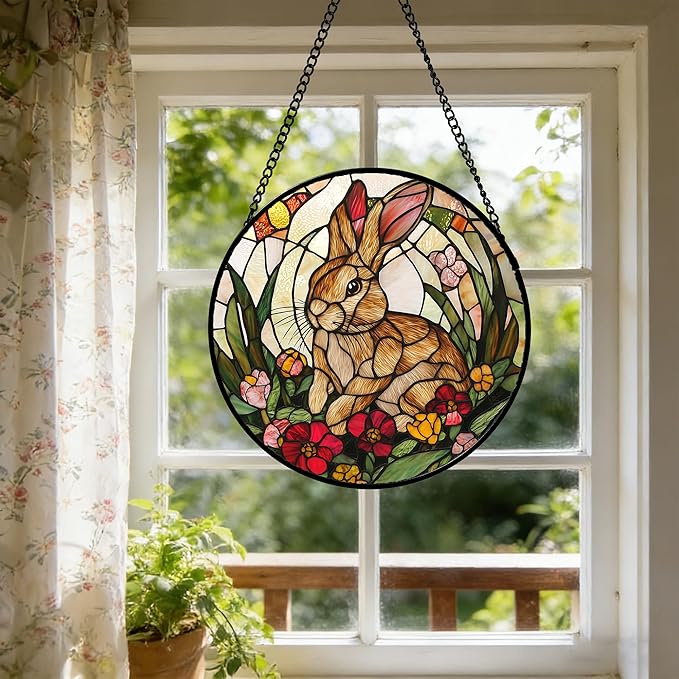 Stained Glass Window Hanging, Cute Bunny Flowers Sun Catcher for Window Door Home Decor, Rabbit Suncatcher Christmas Mother's Day Birthday Gifts for Women Men Mom and Nana 6.3 in