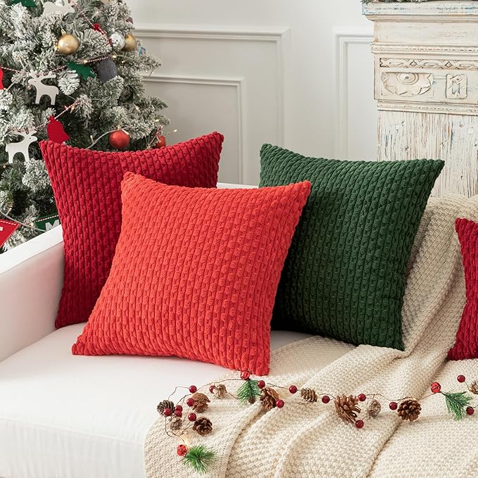 Kevin Textile Pack of 2 Corduroy Decorative Throw Pillow Covers 18x18 Inch Soft Boho Striped Pillow Covers Modern Farmhouse Home Decor for Sofa Living Room Couch Bed Dark Green