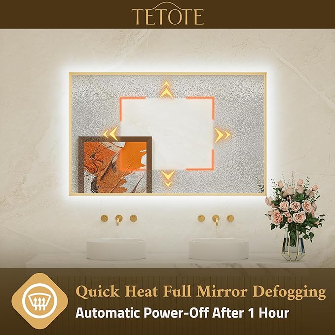TETOTE 40 x 30 Backlit Bathroom Mirror Brushed Gold Metal Frame LED Light Vanity 3-Color White/Warm/Natural Stepless Dimmable Anti-Fog Backlight Mirror Wall-Mounted