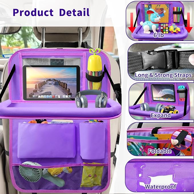Etre Jeune Car Seat Back Organizer Table Tray, Car Seat Storage Organizer for Kids with Foldable Tablet Holder, 6 Storage Pockets Kick Mats 600D Oxford, 2 Pack Purple
