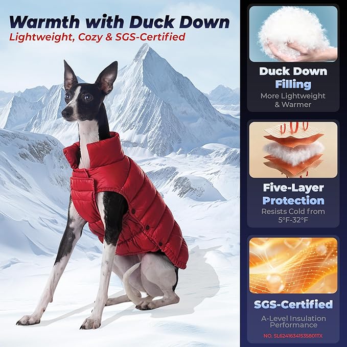SPACE LION Dog Puffer Jacket, Down Winter Coat, Durable Outdoor Coat for Cold and Windy Conditions, Lightweight & Adjustable Fit Coats for Medium & Large Dogs,(Red, Size18/L+)