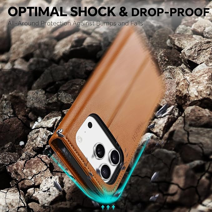 TUCCH Detachable Case Wallet for iPhone 17 Pro (6.3") 2025, Wrist Strap | 4 Card Slots RFID Blocking | Wireless Charging | Stand | 2-in-1 Magnetic | PU Leather | Shockproof Folio Cover | Light Brown