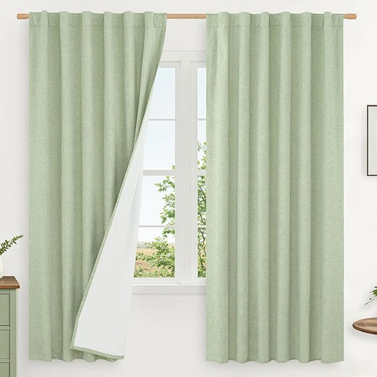 LAMIT 100% Blackout Natural Linen Curtains, 68 Inches Linen Textured Thermal Bedroom Curtains Back Tab and Rod Pocket Neutral Panels with White Liner for Farmhouse, 2 Panels, 52 x 68 Inch, Light Green