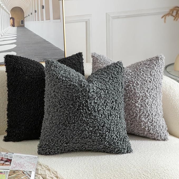 Yaertun Pack of 2 Faux Fur Throw Pillow Covers Decorative Sherpa Boucle Pillow Covers Fuzzy Soft Pillowcases Sheepskin Fleece Cushion Case for Couch Sofa Bed Living Room 18x18 Inch Grey