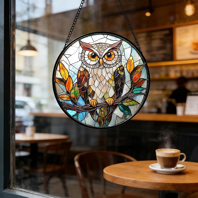 DASTOLL Stained Glass Window Hanging, Owl Colorful Leaves Birds Sun Catchers Diamond Glass Panel Hangings Suncatcher Decor for Birthday for Women, Men, Wife, Aunt, and Mom 14.9x14.9 in
