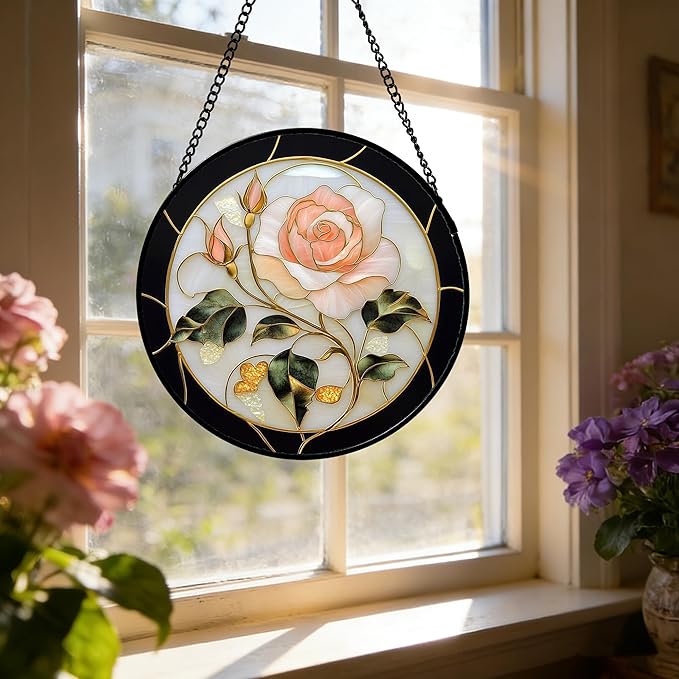 Stained Glass Window Hanging - Black White Pink Rose Sun Catcher for Door Home Decor Flower Suncatcher Christmas Mother's Day Birthday Gifts for Women Men Lovers Mom Nana 11.8 in