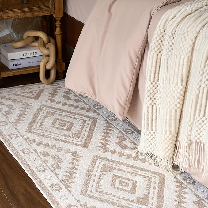 Moroccan Washable Area Rug 3x5, Geometric Tribal Decorative Woven Rug, Non-Slip Boho Farmhouse Soft Low-Pile Area Rug for Living Room Bedroom Dining Table Nursery, Cream/White