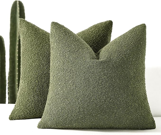 Boucle Decorative Throw Pillow Covers for Couch Set of 2, 22x22 inches, Olive