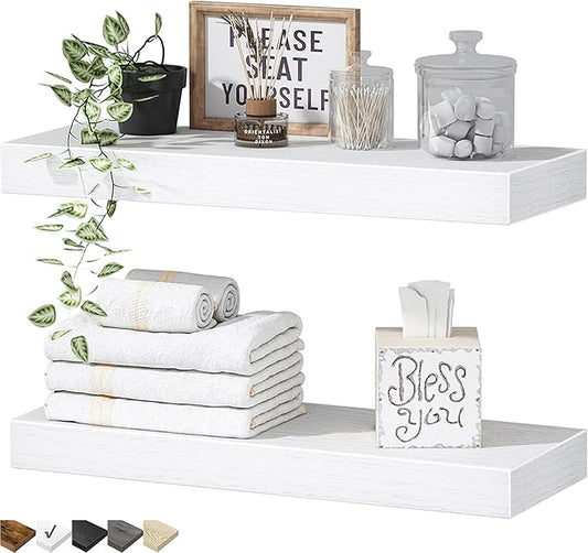 QEEIG Bathroom Floating Shelves for Wall - 15.7" Wall Mounted Shelf Over Toilet Farmhouse Home Decor Display Bookshelf Small 15.7 x 6.7 inch Set of 2, White (008-40W)