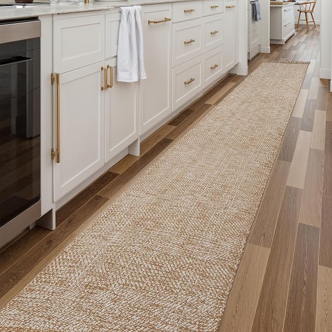 Collive Boho 18 ft Long Runner Rug for Hallway, Washable Kitchen Runner, Cotton Hand-Woven Farmhouse Neutral Carpet Runners, Tan/Cream Low Pile Entryway Floor Runners for Bedroom