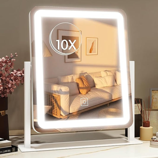 HNV Vanity Mirror with Lights – 15"x13" Large Makeup Mirror with Light, 3-Color Dimmable LED, Touch Screen, 360° Rotation, Tabletop Vanity Mirror for Bedroom or Desk (White)