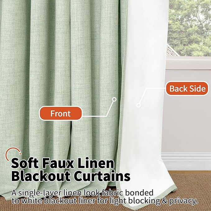 Lajode Sage Green Blackout Curtains for Living Room - Spring Linen Curtains 84 Inch Length Thermal Insulated Privacy Burlap Window Drapes for Bedroom Scandinavian Farmhouse, 2 Panels Each 52" Wide