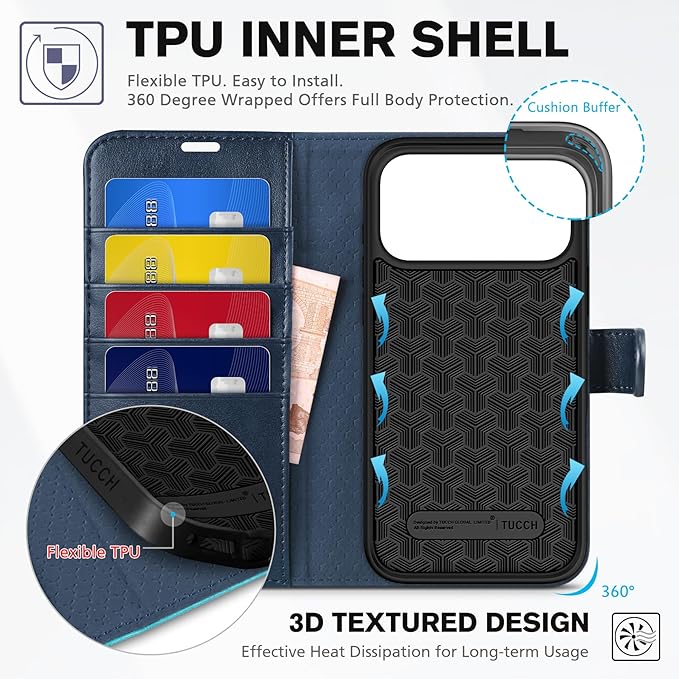 TUCCH Case Wallet for iPhone 17 Pro Max (6.9") 2025, Stand, RFID Blocking, 4 Card Holder, TPU Shockproof Inner Shell, PU Leather, Magnetic Closure Folio Protective Cover, Blue & Lake Blue