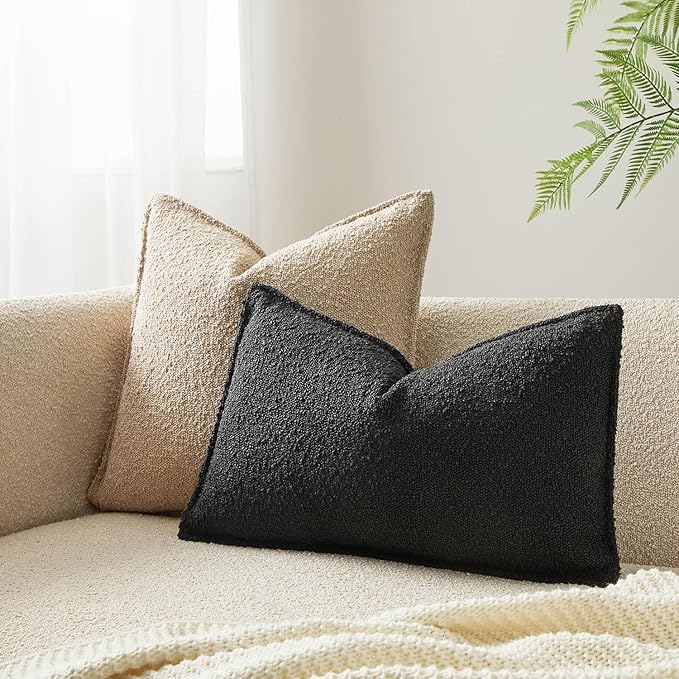 JUSPURBET Black Decorative Pillow Covers 14x24 Set of 2 Throw Pillow Covers for Couch Sofa Bed Cozy Boucle Textured Lumbar Cushion Covers Cases with Hidden Zipper for Living Room Home Decor