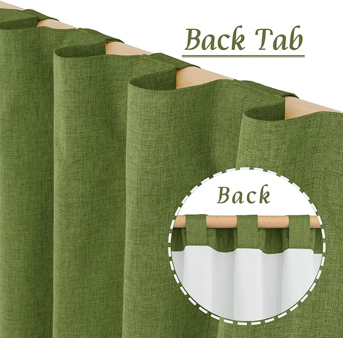 LAMIT 100% Blackout Linen Curtains, 68 Inches Linen Textured Thermal Bedroom Drapes Back Tab and Rod Pocket Christmas Panels with White Liner for Living Room, 2 Panels, 52 x 68 Inch, Olive Green