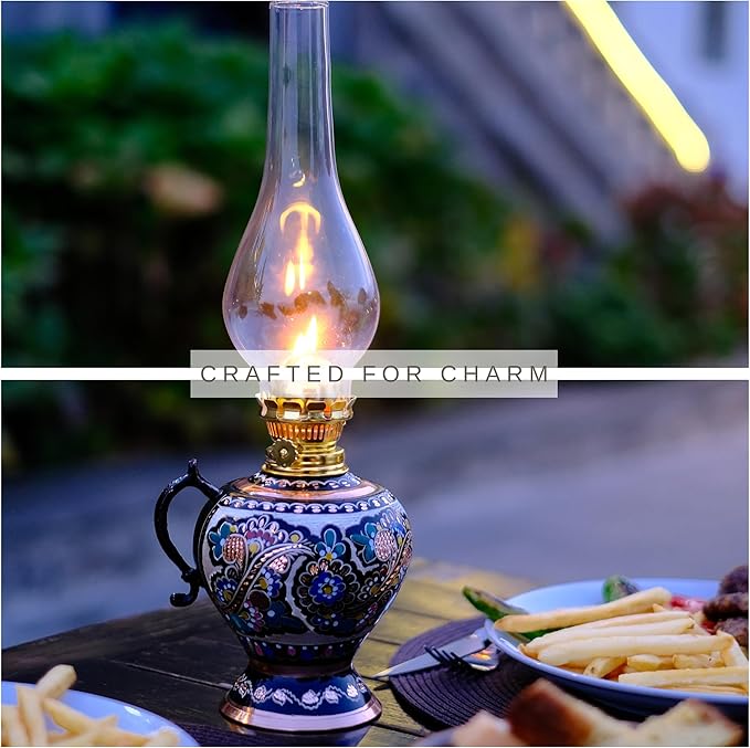 Vintage Handmade Copper Oil Lamp 15.35” – Decorative Hurricane Lantern for Indoor Lighting, Farmhouse Kitchen Décor, Emergency Lamp for Power Outages, Christmas Gift