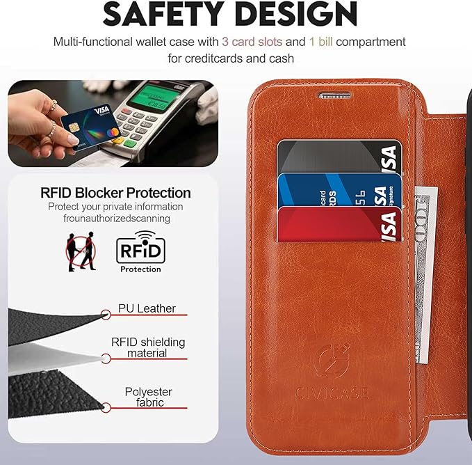 CIVICASE for iPhone 13 Pro Max Wallet Case with Stand,PU Leather Flip Credit Card Holder Slots (RFID Blocking),Compatible with Magsafe Magnetic Holder Phone Cover Women Men,Brown