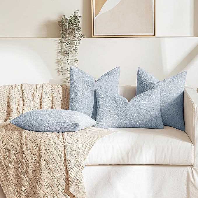 MIULEE 18x18 Inch Decorative Pillow Covers for Couch Bed Set of 2 Textured Boucle Neutral Winter Throw Pillows Light Blue Accent Solid Cushion Pillowcases Sofa Livingroom Home Decor