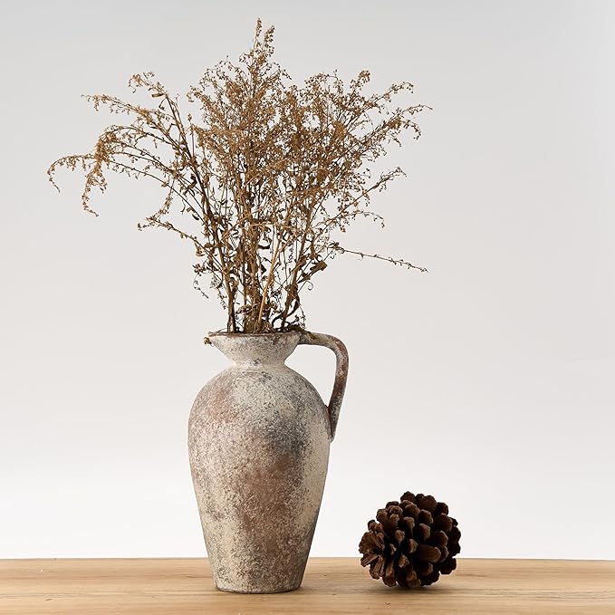 LUKA Ceramic Rustic Farmhouse Vase,9.25 inch Terracotta Vase with Handle,Neutral Tall Clay Vases Decorative Vases for Living Room,Table,Shelf Decor(Brown,L)