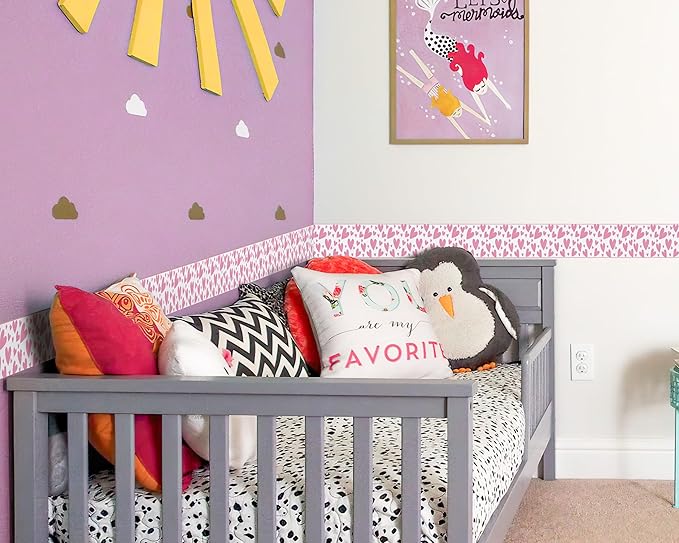 FLFK Pink Heart Wallpaper Border - Peel and Stick Wall Paper, Self Adhesive Removable PVC Borders Sticker, Modern Waterproof Trim for Home Decor, 4" x 240"