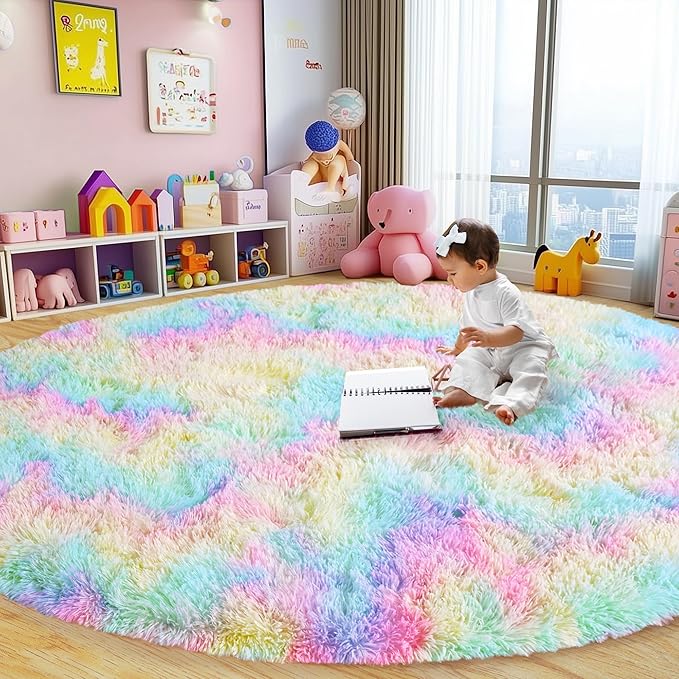 Round Fluffy Rugs 4Ft for Girls Bedroom, Rainbow Shag Circle Kids Rug Non-Slip for Bedside Dorm Nursery Playroom, Soft Cute Area Rugs for Living Room Decor