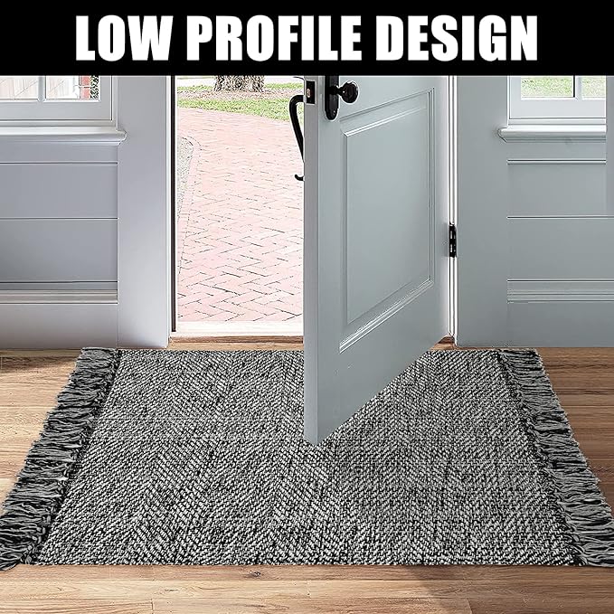 Collive Black Bathroom Rug, 2' x 3' Hand-Woven Washable Small Kitchen Rugs, Cotton Reversible Entryway Rug Modern Farmhouse Carpet for Foyer Bedroom Back Door