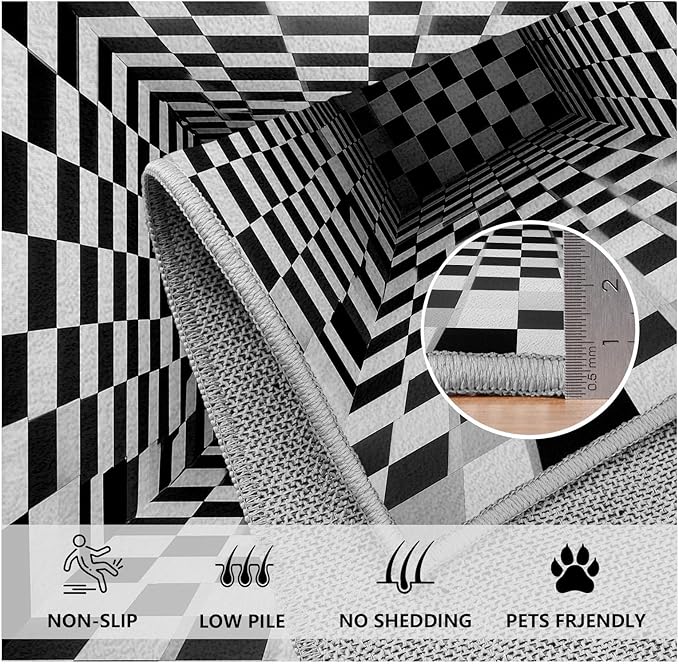 Optical Illusion Rug - Black and White Rug for Living Room, Soft Ultra Soft Faux Wool 5x6 Area Rugs Floor Mats, Non Slip&Non-Shedding Low Pile Checkered Washable Rugs, Abstract Geometric Carpet