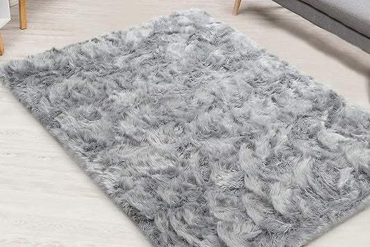 Silky Soft Faux Fur Shaggy Rug, 8 ft. x 10 ft. Gray Fluffy Sheepskin AreaRug, Rectangle Rug for Living Room, Bedroom, Kid's Room, or Nursery, Home Décor Accent, Machine Washable with Non-Slip Backing