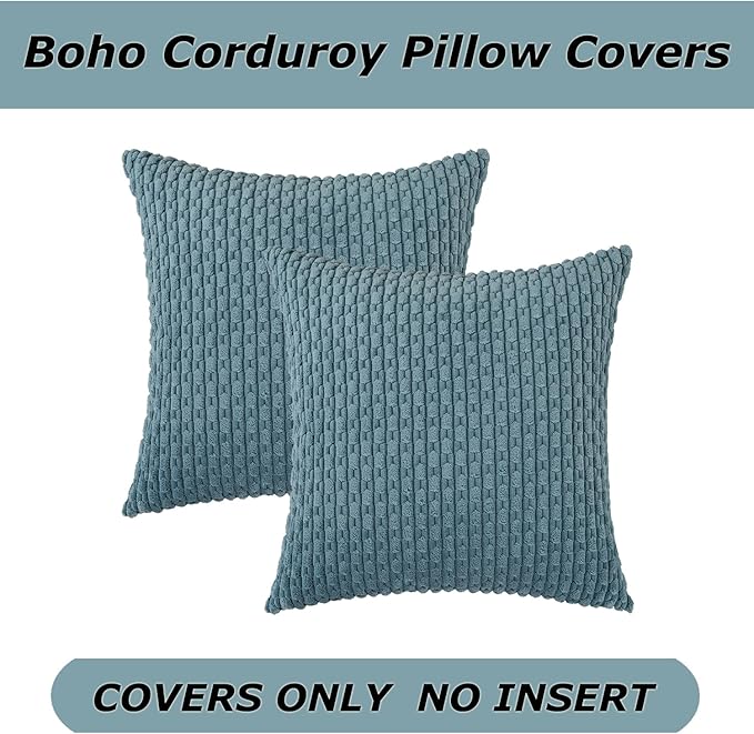 Kevin Textile Throw Pillow Covers Soft Corduroy Decorative Set of 2 Boho Striped Pillow Covers Pillowcases Farmhouse Home Decor for Couch Bed Sofa Living Room 24x24 Inch Blue Grey